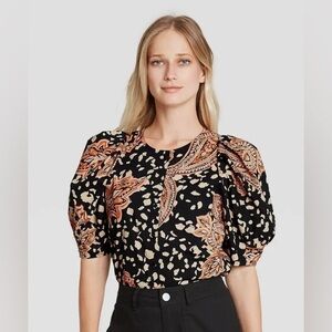 (NWOT) Who What Wear Black / Orange / Tan Print Top, Puffed Shoulder, Xtra Large